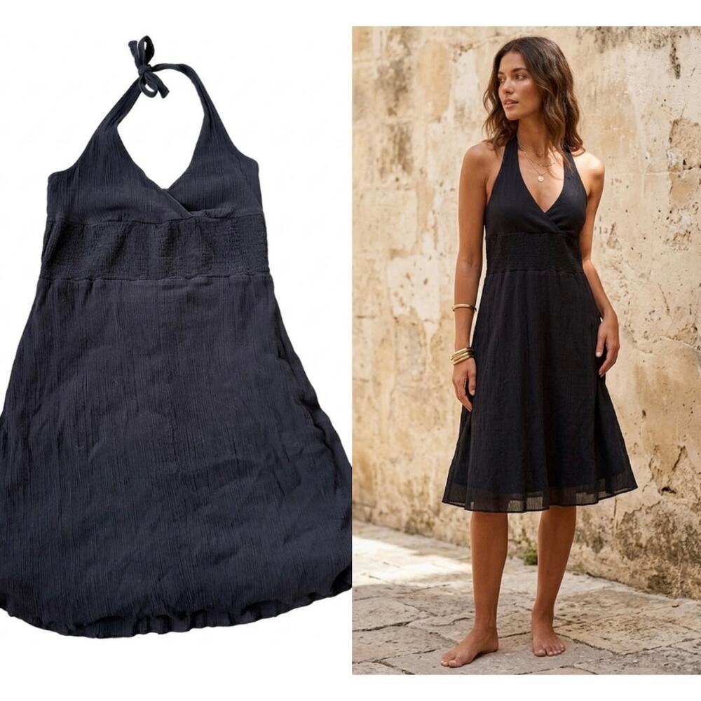 Maeve Anthropologie Black Smocked Halter Mini Dress Large